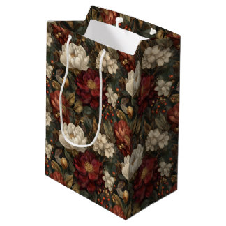 Vintage Christmas Red and Winter White Floral Medium Gift Bag