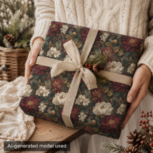 Vintage Christmas Red and Winter White Floral Tissue Paper