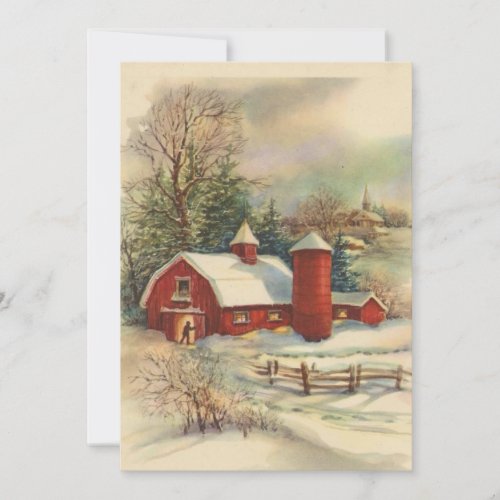 Vintage Christmas Red Barn Holiday Card
