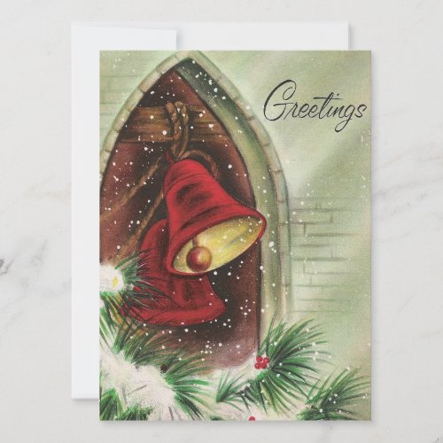 Vintage Christmas Red Bells Greetings Holiday Card