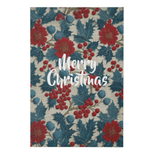 Vintage Christmas Red Berry Botanical Linen Faux Canvas Print