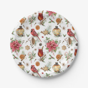 Vintage Christmas Red Bird Poinsettia Pattern Paper Plates