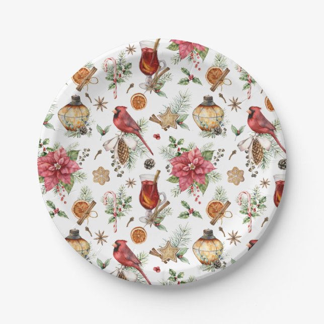 Vintage Christmas Red Bird Poinsettia Pattern Paper Plates (Front)