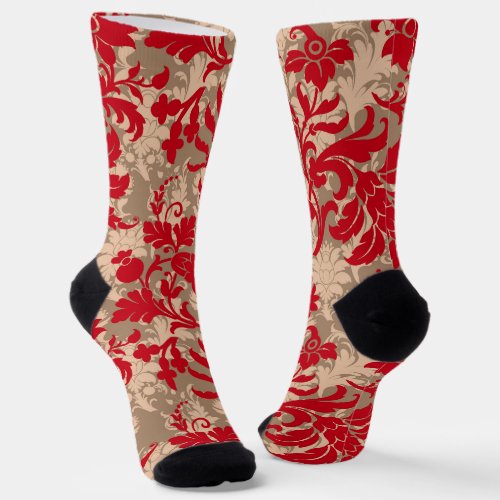 Vintage Christmas red brown rustic floral pattern Socks