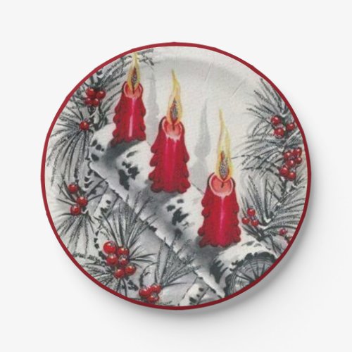 Vintage Christmas Red Candles Pine Needles Berries Paper Plates