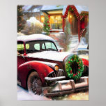 Vintage Christmas Red Car in Snow  Poster<br><div class="desc">Vintage car</div>
