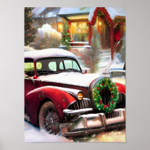 Vintage Christmas Red Car in Snow Poster