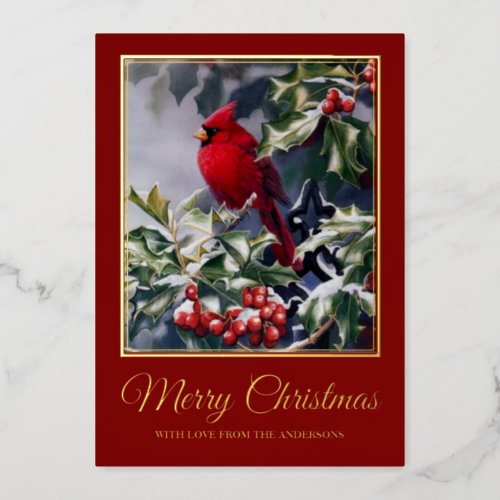 Vintage Christmas Red Cardinal Bird Foil Holiday Card