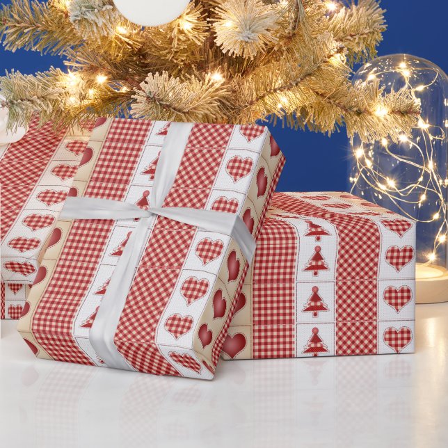 Vintage, Christmas, Red Check,  Country Hearts Wrapping Paper (Holidays)