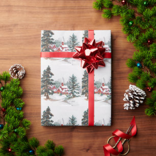 Vintage Christmas Red Church Pine Trees Snow Wrapping Paper