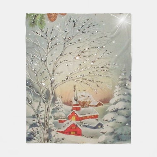 Vintage Christmas Red Church Sparkle Snow Fleece Blanket