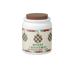 Vintage Christmas Red Green Tartar Plaid 2 Photos Candy Jar
