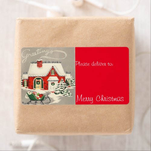 Vintage Christmas Red House Sleigh Greetings Label