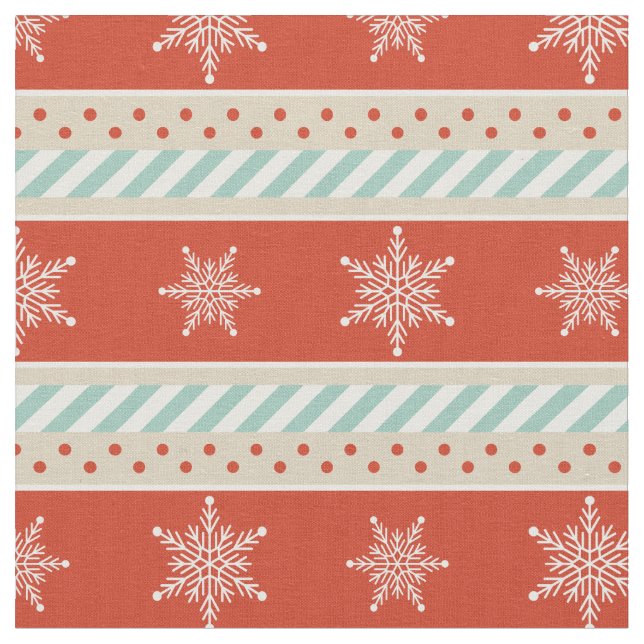 Vintage Christmas Red Mint Snowflakes Pattern Fabric (Close Up)
