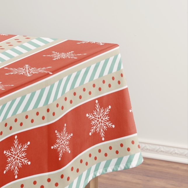 Vintage Christmas Red Mint Snowflakes Pattern Tablecloth (In Situ)