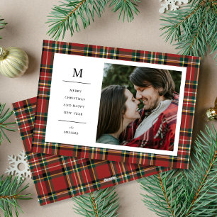 Vintage Christmas Red Plaid Monogram One Photo Holiday Card