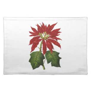 Vintage Christmas, Red Poinsettia Winter Plant Cloth Placemat