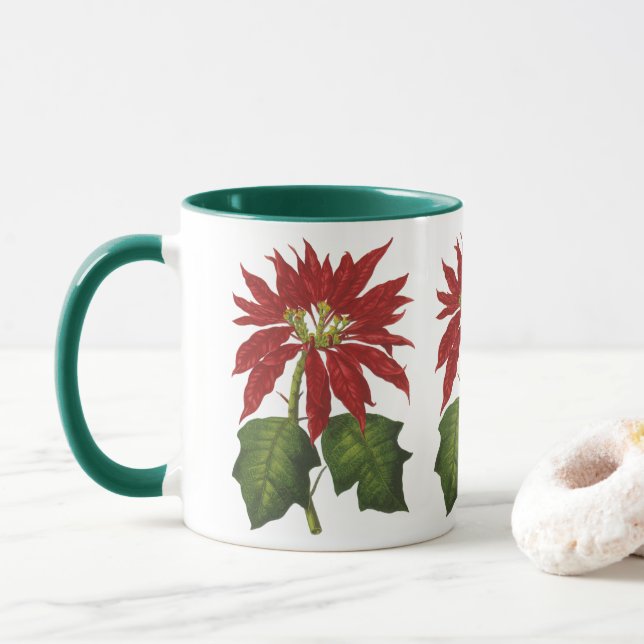 Vintage Christmas, Red Poinsettia Winter Plant Mug (With Donut)