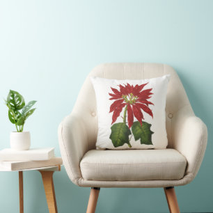 Vintage Christmas, Red Poinsettia Winter Plant Throw Pillow