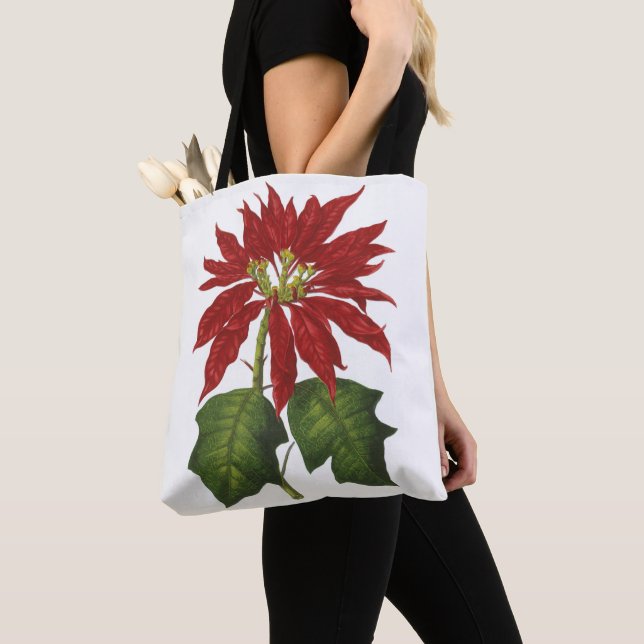 Vintage Christmas, Red Poinsettia Winter Plant Tote Bag (Close Up)