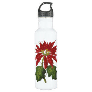 Vintage Christmas, Red Poinsettia Winter Plant Water Bottle
