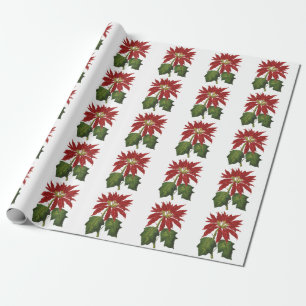 Vintage Christmas, Red Poinsettia Winter Plant Wrapping Paper