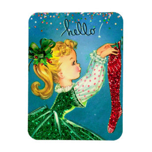 Vintage Christmas red socks glitter girl Magnet