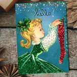 Vintage Christmas red socks glitter girl monogram Holiday Card<br><div class="desc">Vintage Christmas red socks and girl in green glitter dress monogram greeting card. Vintage cute glittery Christmas card. Perfect for vintage collectors or for sending cards out to family or friends for the holiday season. To make it extra special it is embellished with beautiful glamorous faux glitter. This design can...</div>