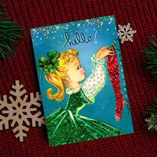 Vintage Christmas red socks glitter girl monogram Invitation