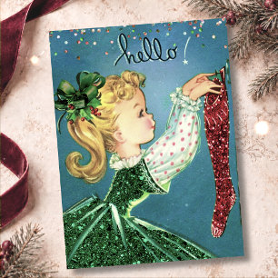 Vintage Christmas red socks glitter girl monogram Invitation