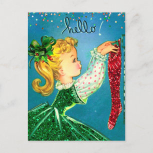 Vintage Christmas red socks glitter girl monogram Postcard