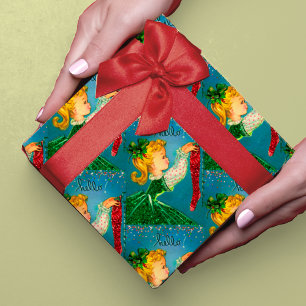 Vintage Christmas red socks glitter girl monogram Wrapping Paper