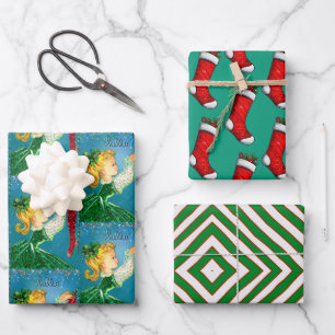 Vintage Christmas red socks glitter girl monogram Wrapping Paper Sheets