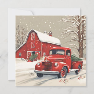 Vintage Christmas Red Truck and Red Barn Holiday Card
