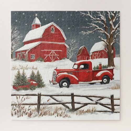 Vintage Christmas Red Truck Barn Countryside Jigsaw Puzzle