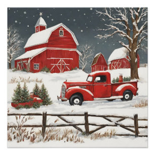 Vintage Christmas Red Truck, Barn, Countryside Poster