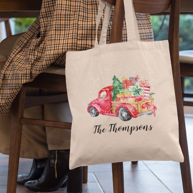Vintage Christmas Red Truck | Family Name Tote Bag (Creator Uploaded)