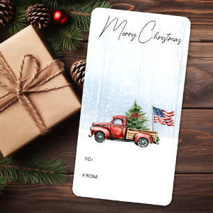 Vintage Christmas Red Truck Patriotic Flag Gift Label
