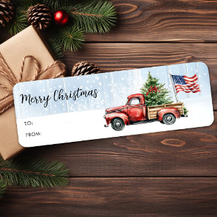Vintage Christmas Red Truck Patriotic Flag Gift Label