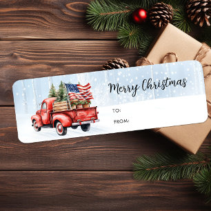 Vintage Christmas Red Truck Patriotic Flag Gift Label