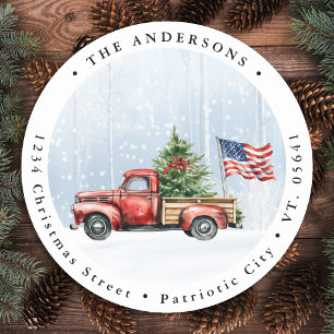 Vintage Christmas Red Truck Patriotic USA Flag Classic Round Sticker
