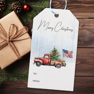 Vintage Christmas Red Truck Patriotic USA Flag Gift Tags