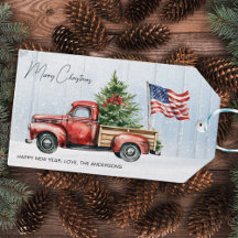Vintage Christmas Red Truck Patriotic USA Flag