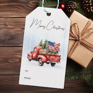 Vintage Christmas Red Truck Patriotic USA Flag Gift Tags