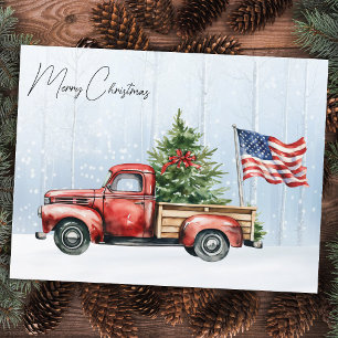 Vintage Christmas Red Truck Patriotic USA Flag Holiday Postcard