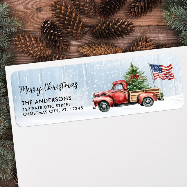 Vintage Christmas Red Truck Patriotic USA Flag Label (Creator Uploaded)