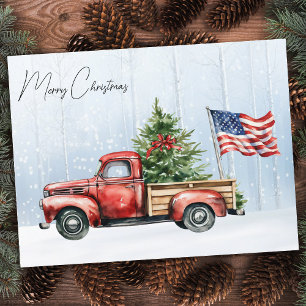 Vintage Christmas Red Truck Patriotic USA Flag Postcard