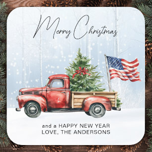 Vintage Christmas Red Truck Patriotic USA Flag Square Sticker