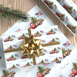 Vintage Christmas Red Truck Patriotic USA Flag Wrapping Paper
