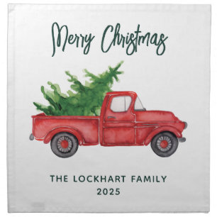 Vintage Christmas Red Truck Script Holiday Cloth Napkin